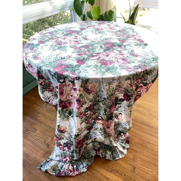 Vintage 80s curtain, pink green cabbage roses, ruffled bottom, long single panel - Picture 1 of 10